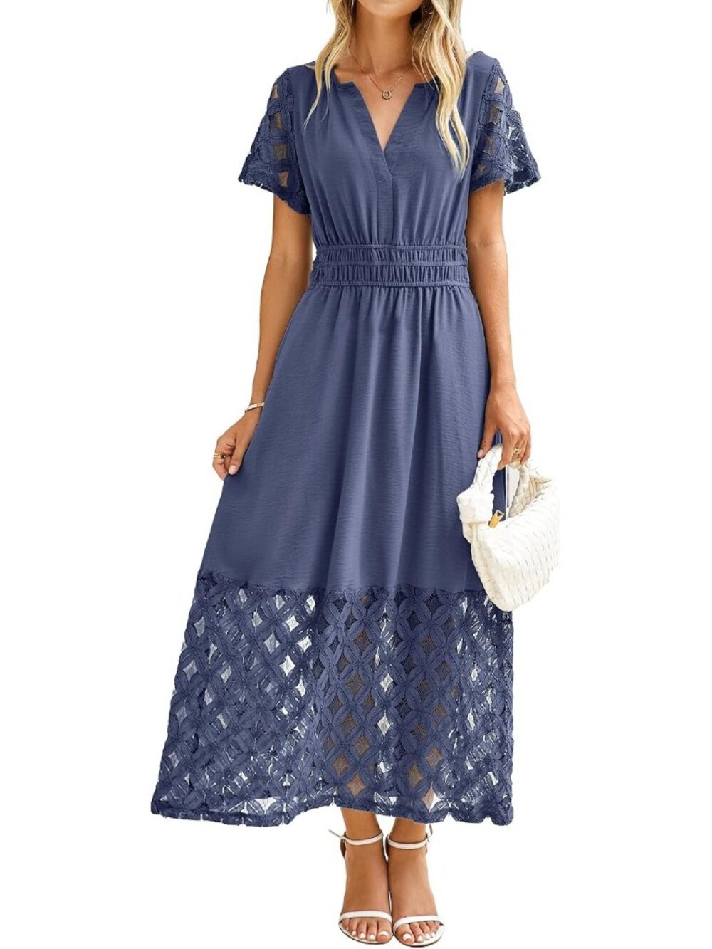 🆕 Women's Blue Purple Short Sleeve V Neck Empire Waist Boho Pockets Maxi Dress - Picture 1 of 6